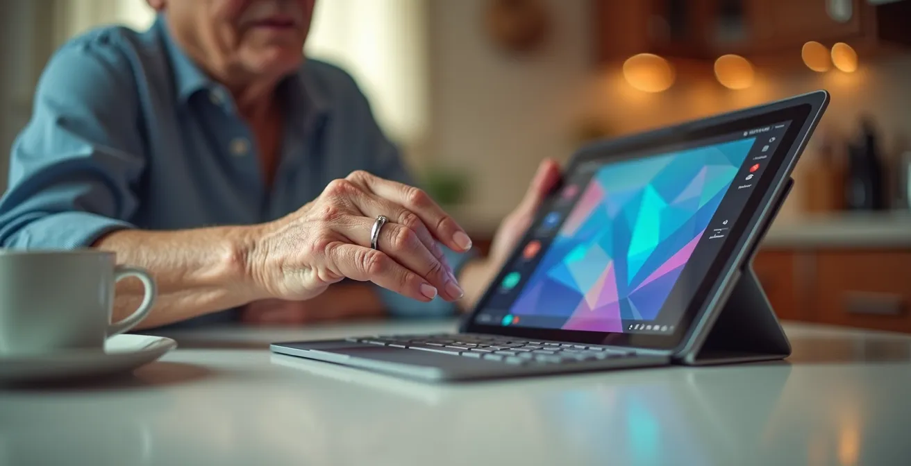 Mains de senior naviguant sereinement sur une interface numérique simplifiée