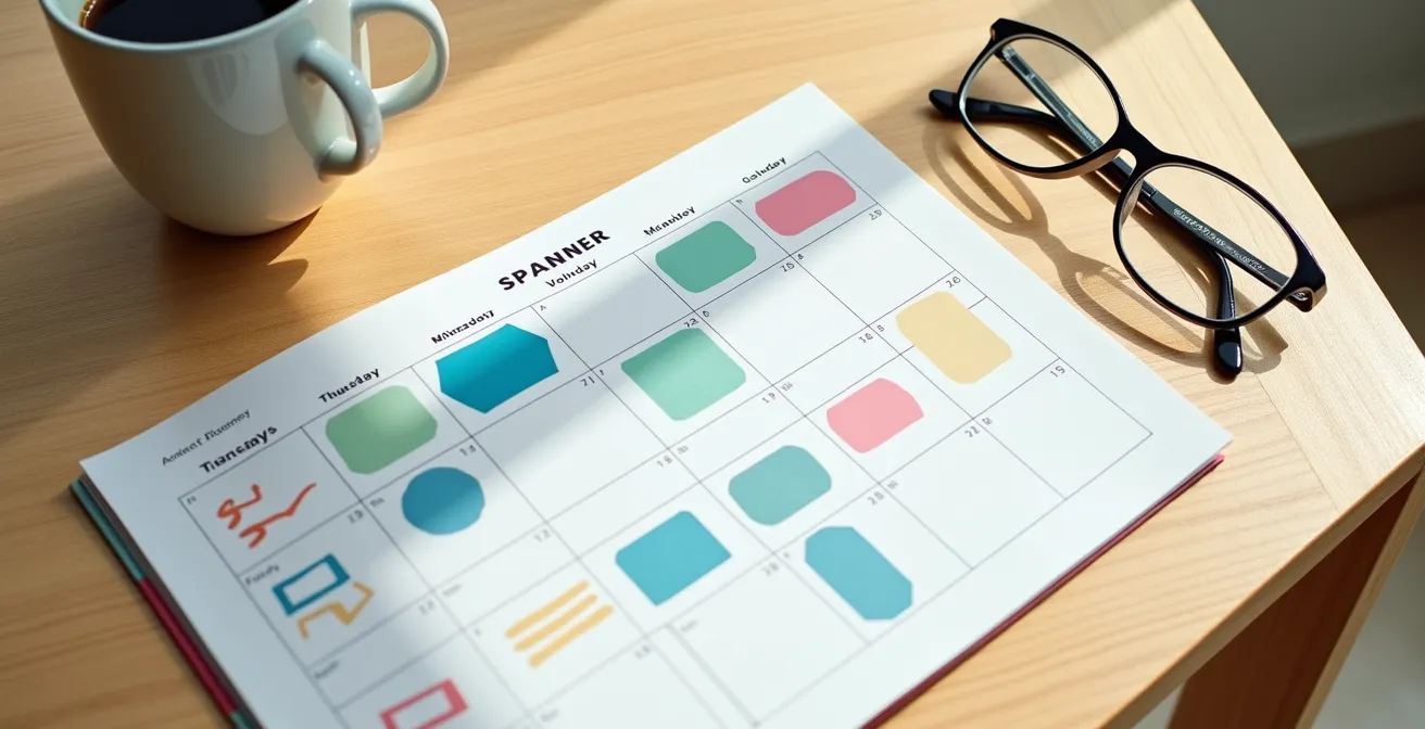 Vue en plongée d'un agenda ouvert avec des activités sociales colorées marquées pour chaque jour