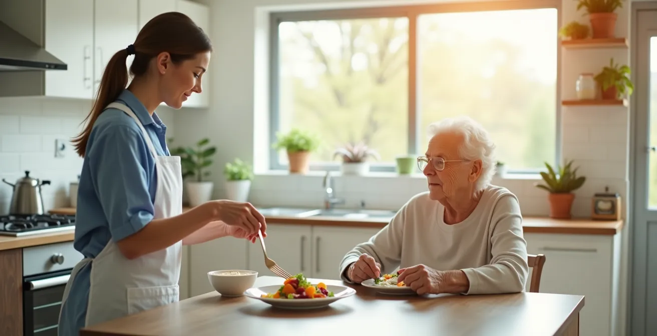 Scène chaleureuse d'une aide à domicile préparant un repas pour une personne âgée dans une cuisine lumineuse