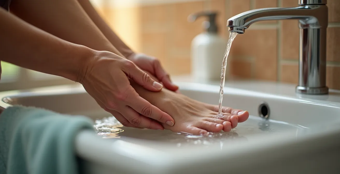 Une auxiliaire de vie aide une personne âgée à se laver les pieds dans une atmosphère respectueuse