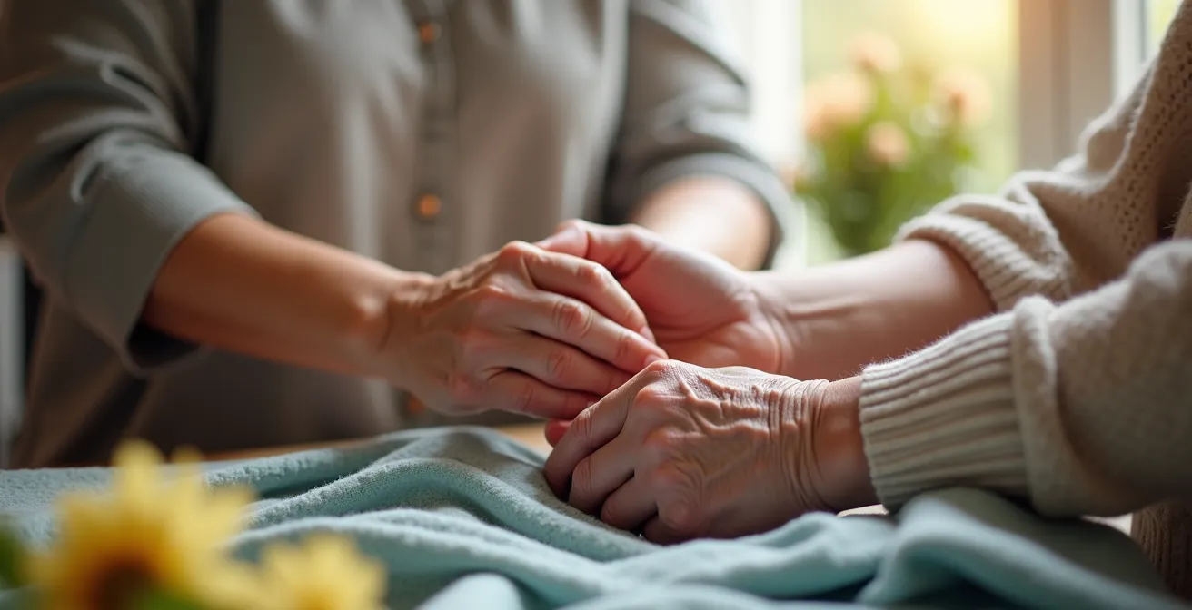 Auxiliaire de vie guidant les mains d'une personne âgée pendant une activité manuelle