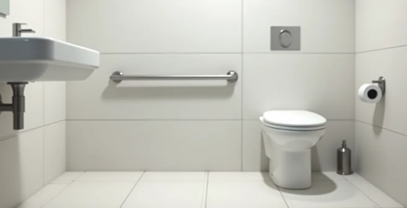 Vue latérale d'une barre d'appui relevable positionnée pour faciliter le transfert depuis un fauteuil roulant