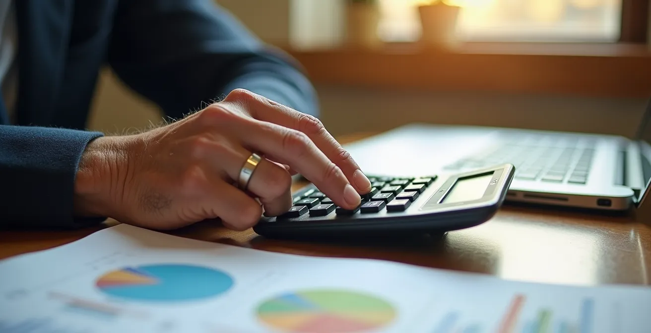Vue macro de mains senior manipulant une calculatrice avec documents financiers flous en arrière-plan