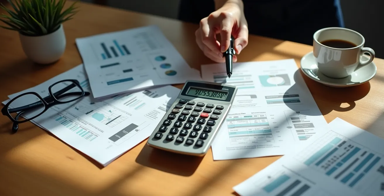 Calculatrice et documents APA sur un bureau avec lunettes de senior