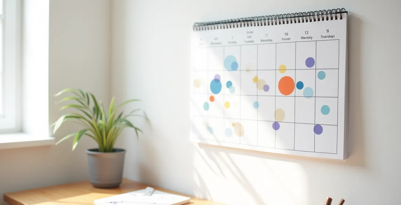 Un calendrier mural avec des marqueurs colorés indiquant les périodes de soldes et promotions