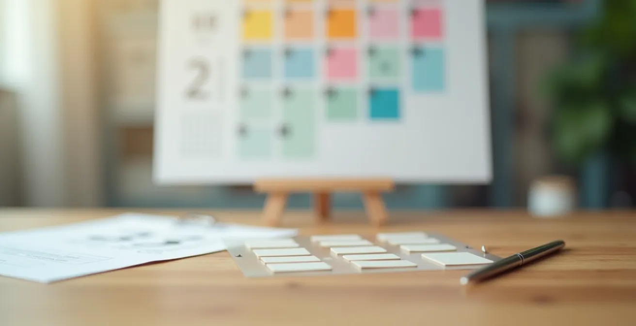 Bureau organisé avec calendrier mural, formulaires administratifs flous et stylo posé