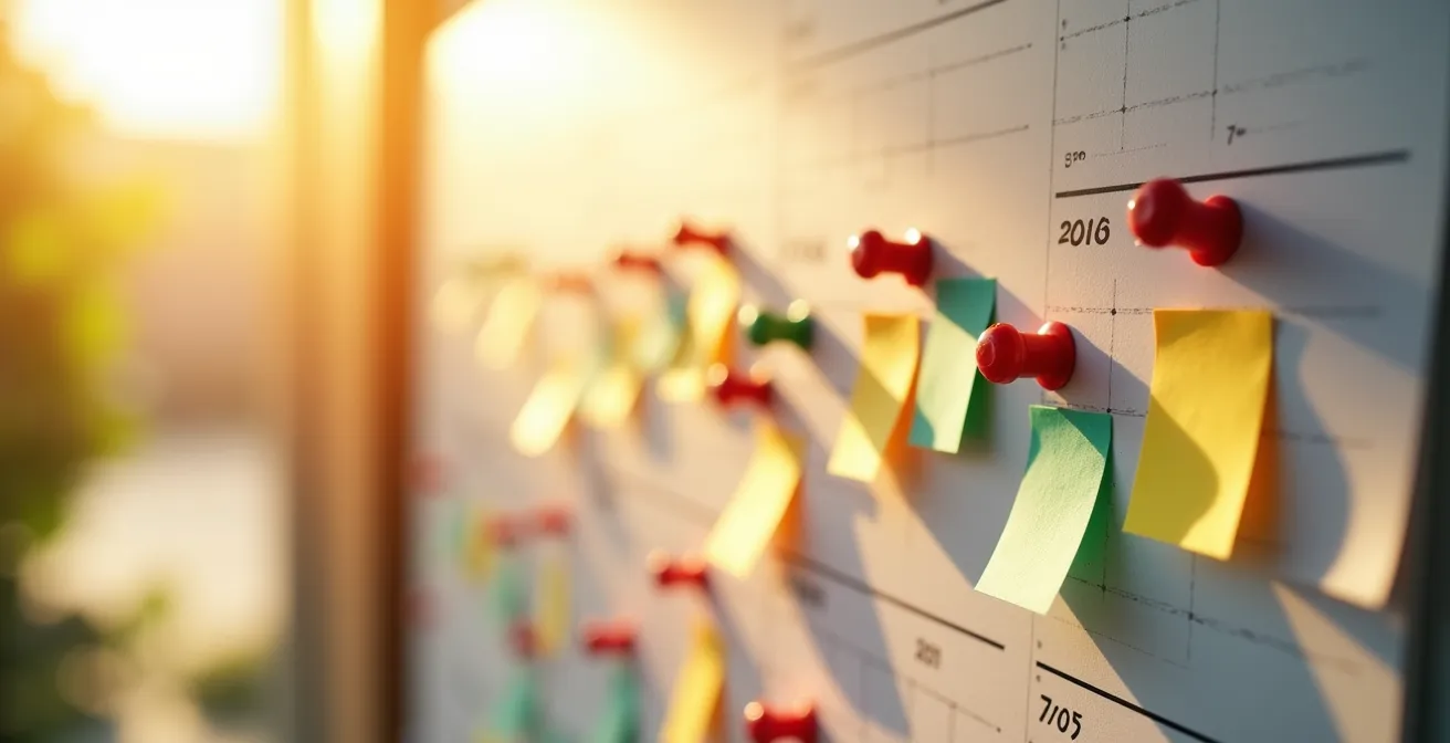 Calendrier mural avec des marqueurs colorés et notes adhésives pour la planification de la retraite