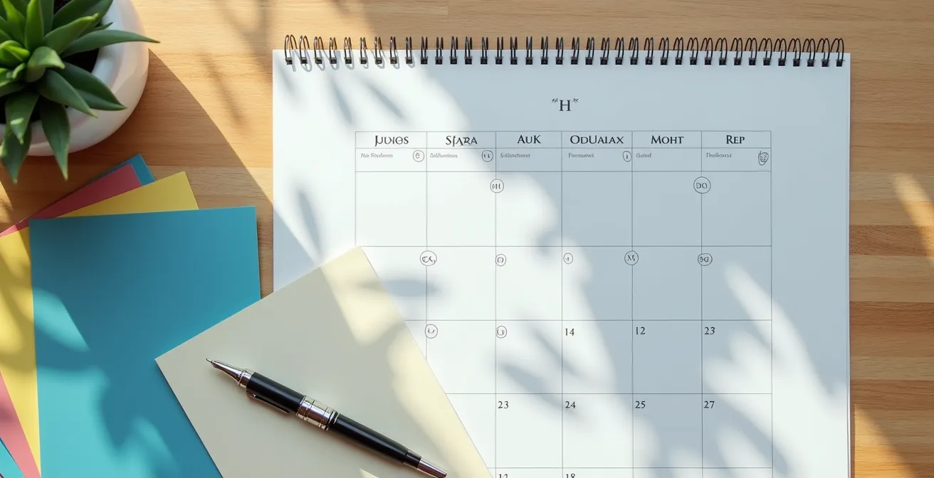 Bureau organisé avec calendrier marqué, dossiers médicaux colorés et stylo posé sur documents de renouvellement ALD