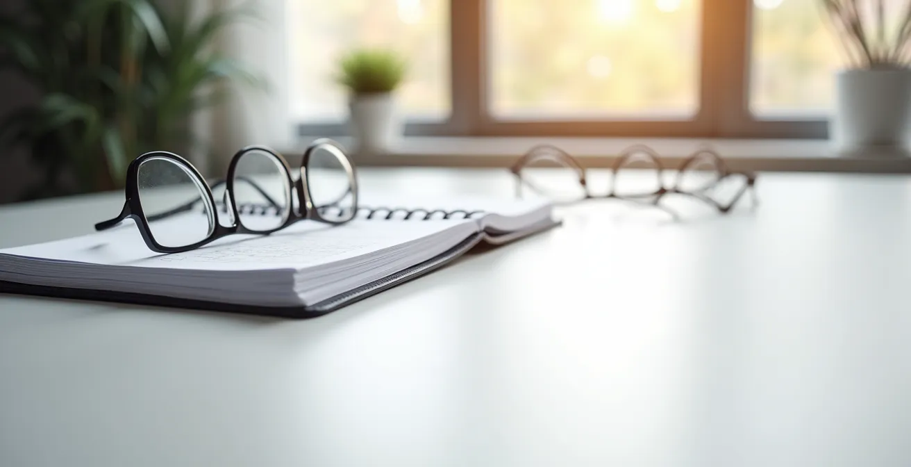 Vue d'ensemble d'un bureau avec calendrier et lunettes, suggérant la planification du renouvellement