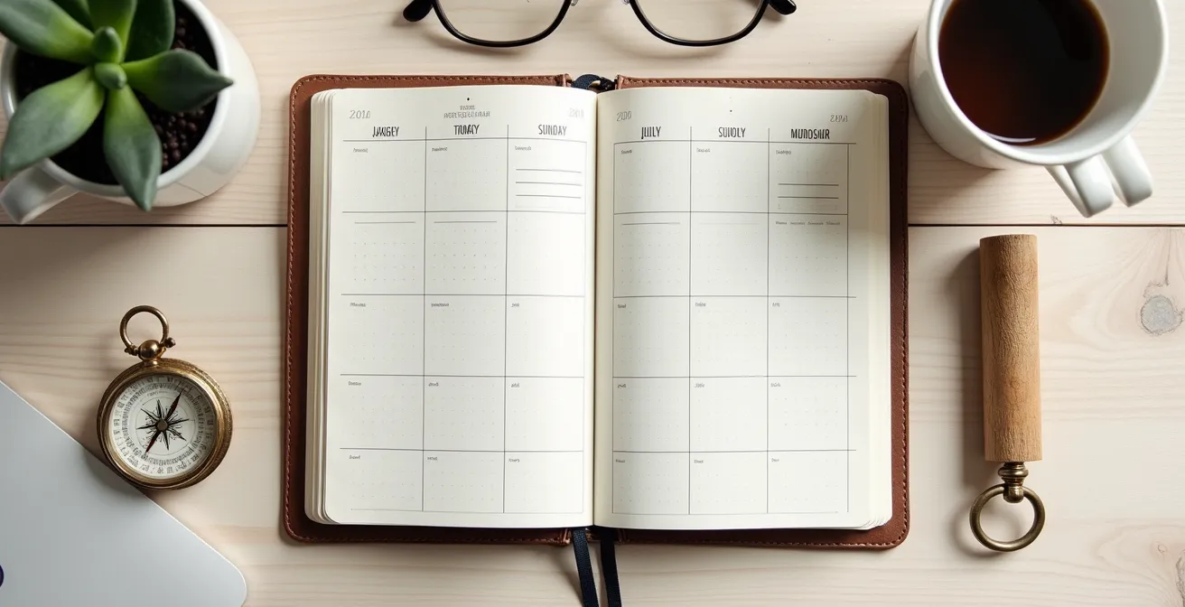 Bureau organisé avec calendrier de suivi médical et accessoires de planification santé