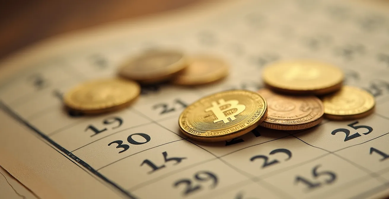 Vue macro d'un calendrier avec des pièces symbolisant la planification de la transmission