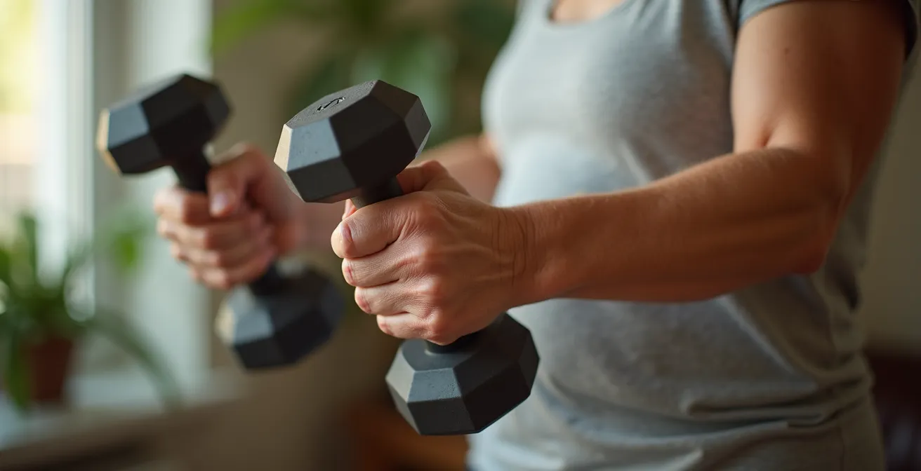 Mains d'une personne âgée tenant fermement des haltères légers, symbolisant l'entretien du capital musculaire.