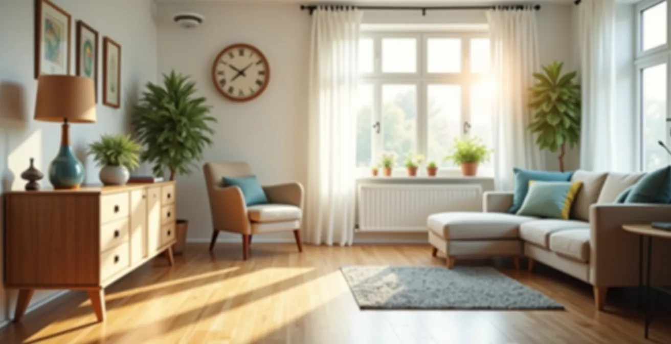 Intérieur moderne avec capteurs de téléassistance invisibles intégrés dans le décor pour préserver l'intimité.