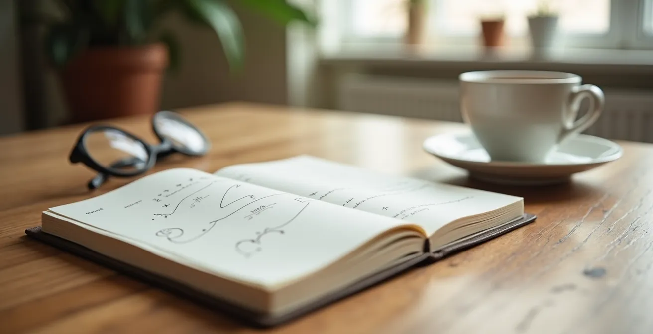 Carnet de suivi ouvert sur une table avec notes positives et courbe de poids stable, ambiance sereine