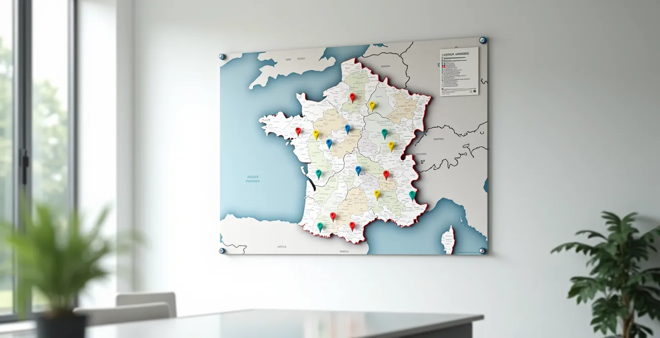 Carte de France stylisée montrant les zones OPAH et PIG avec des épingles colorées