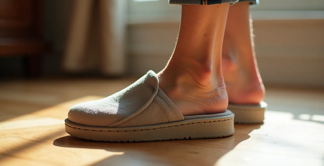 Gros plan sur un pied portant un chausson ergonomique avec contrefort et fermeture velcro
