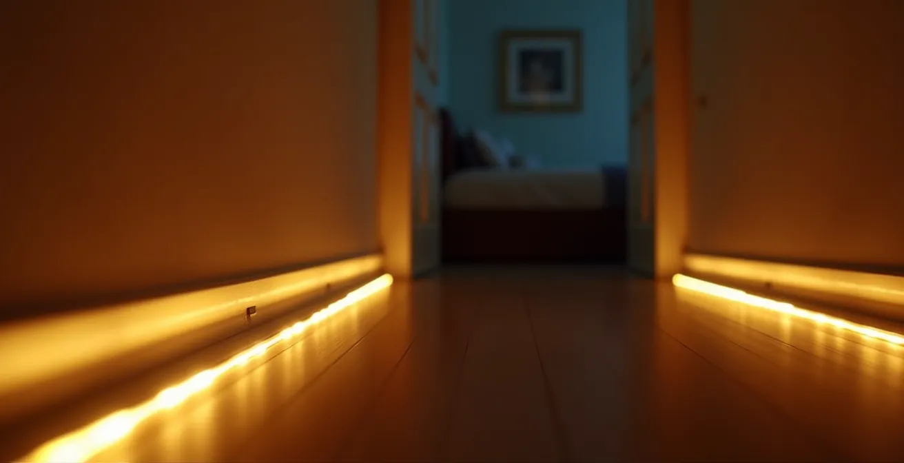 Couloir avec balisage lumineux discret au sol pour déplacement nocturne sécurisé