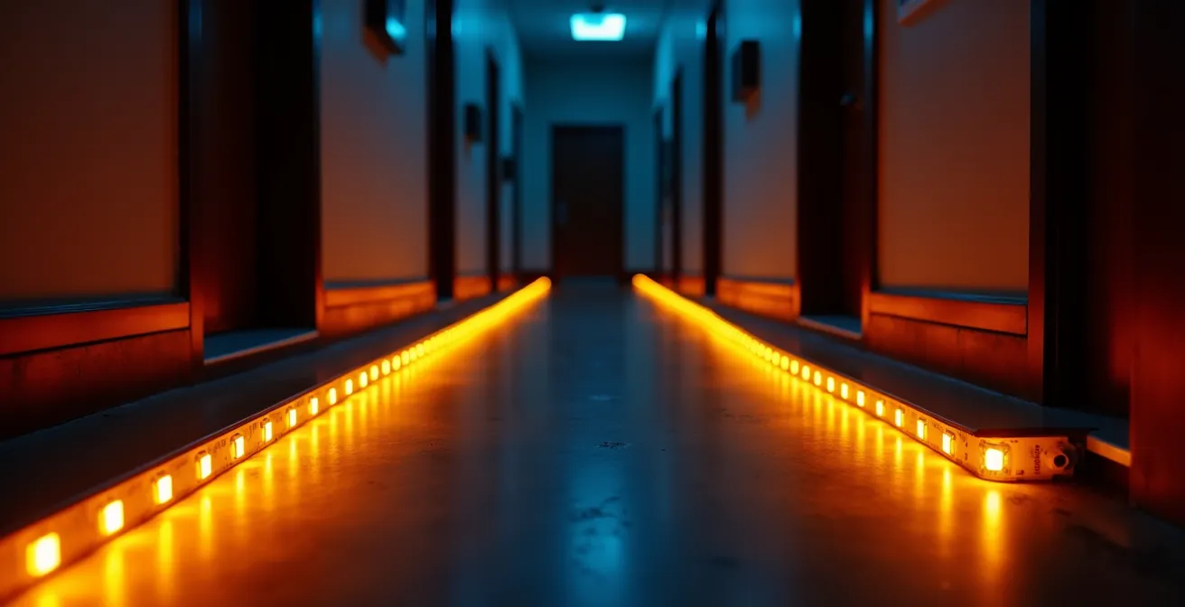 Couloir nocturne avec bandes LED orangées au sol créant un chemin lumineux vers la salle de bain