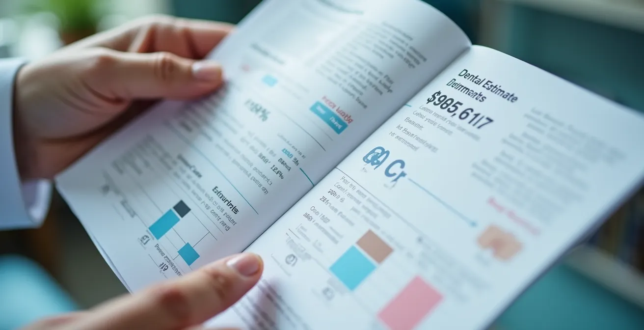 Mains tenant plusieurs devis dentaires côte à côte sur un bureau médical