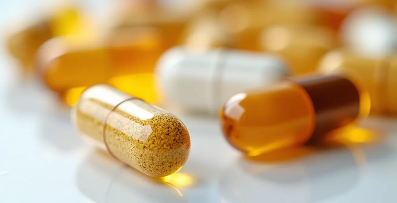 Gros plan macro sur des gélules de compléments alimentaires avec texture granuleuse visible et reflets dorés de vitamine D