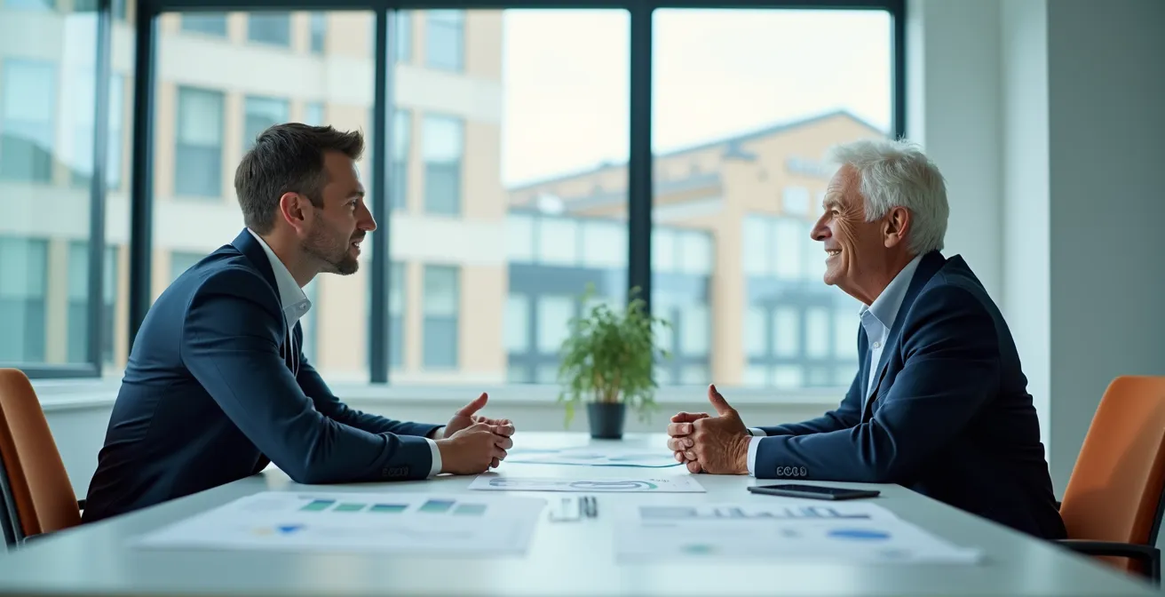 Entretien professionnel entre un conseiller CARSAT et un senior dans un bureau lumineux