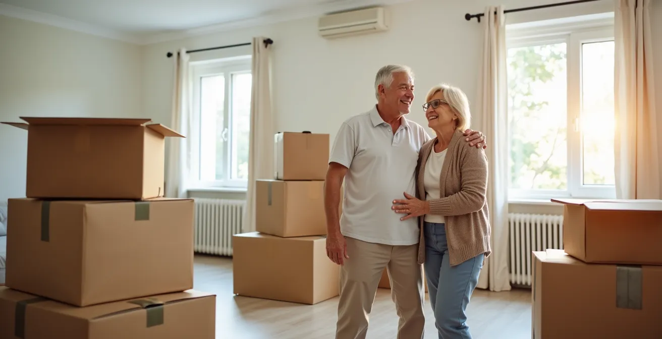 Couple de seniors souriants entourés de cartons dans leur nouveau logement lumineux et adapté