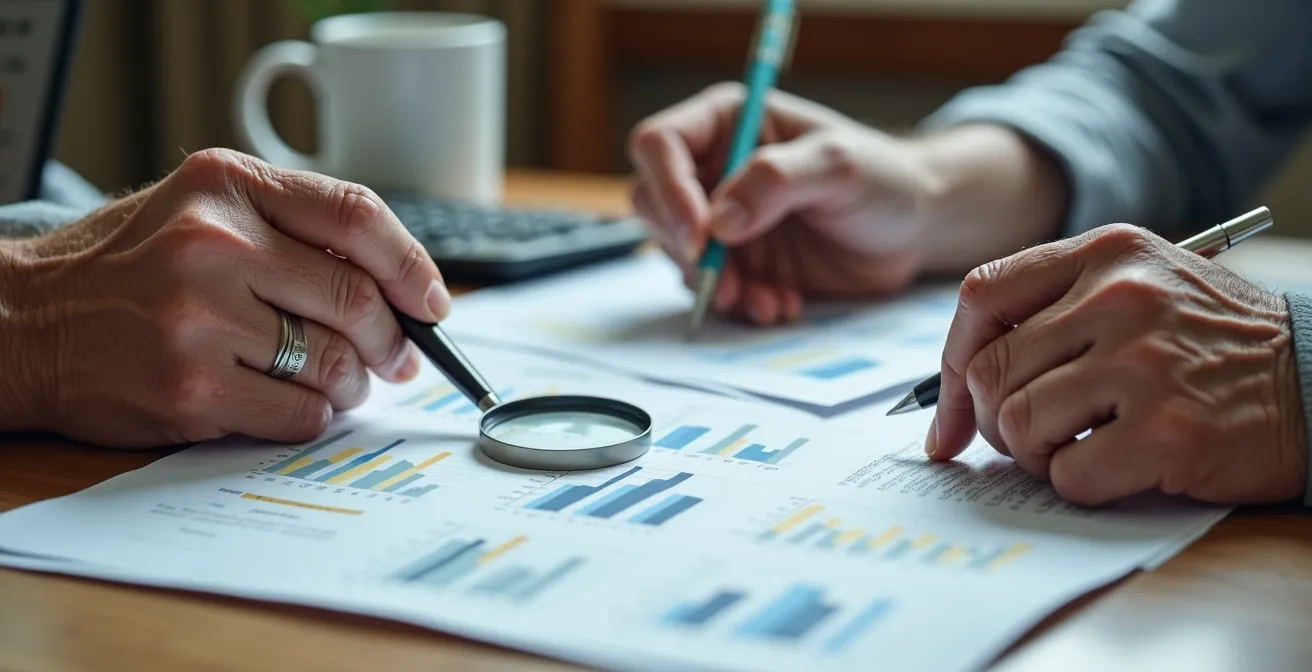 Couple de seniors examinant attentivement leurs relevés bancaires avec une calculatrice pour évaluer leurs droits
