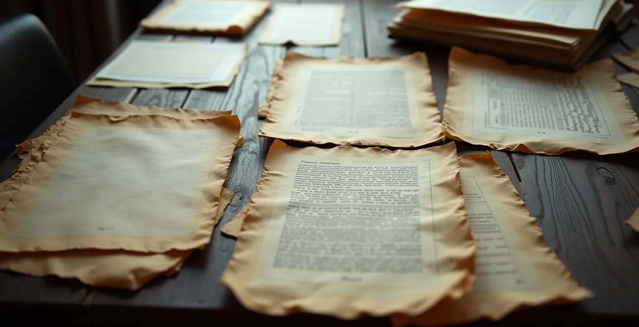 Vue en plongée de documents administratifs anciens disposés sur une table en bois