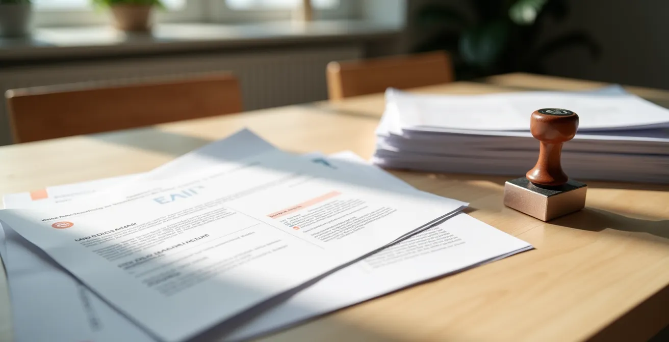 Documents administratifs soigneusement organisés sur une table avec tampon et enveloppes