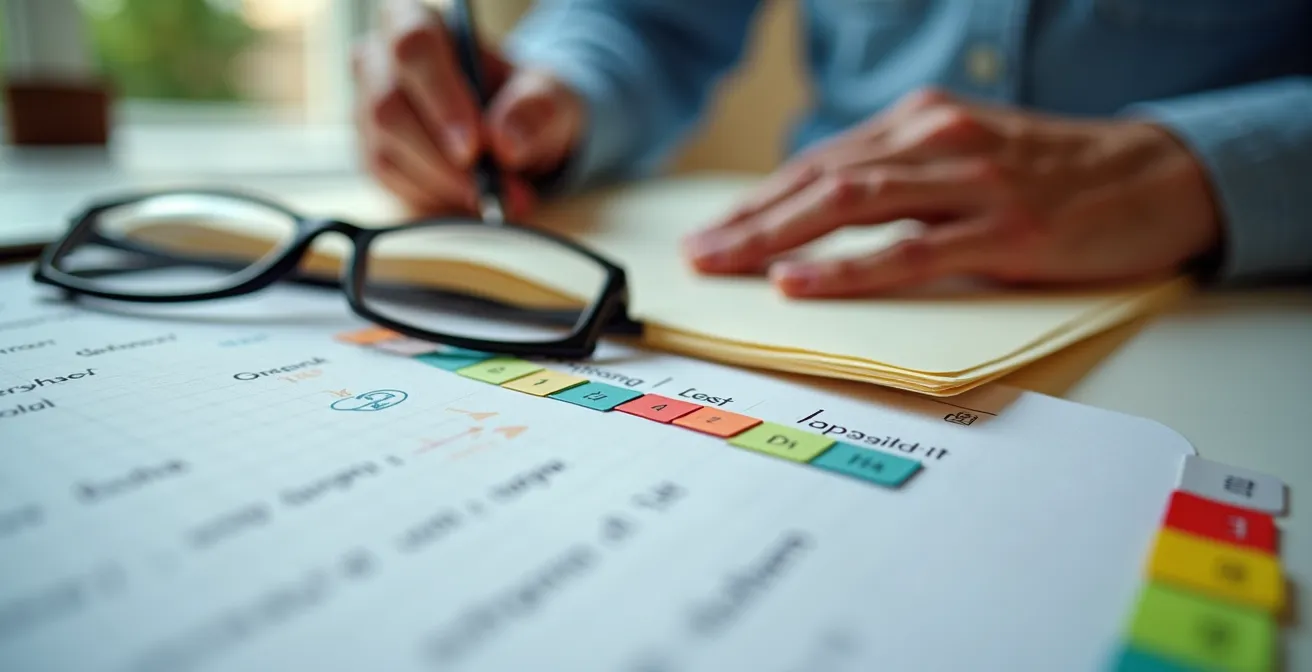 Documents administratifs organisés sur une table avec une personne âgée les consultant, symbolisant la préparation du dossier MaPrimeAdapt'.