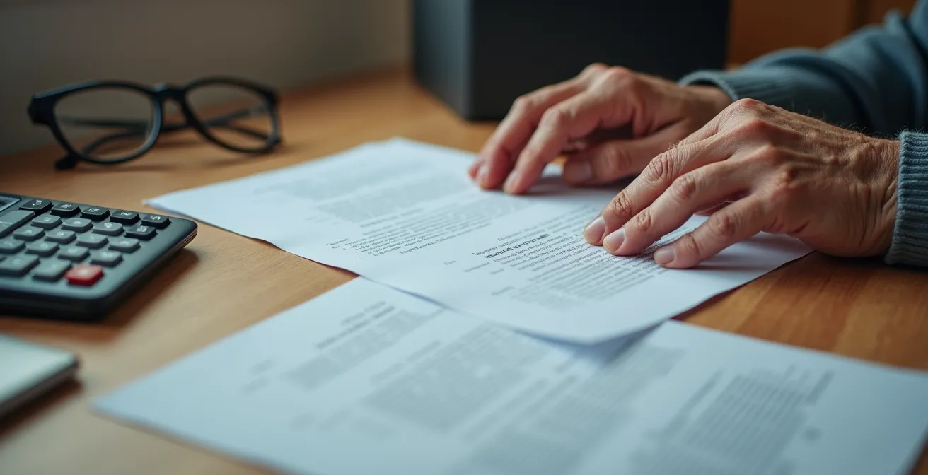 Mains de senior organisant des documents administratifs sur une table avec une calculatrice
