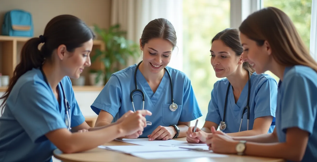 Professionnels de santé réunis autour d'une table pour coordonner les soins à domicile