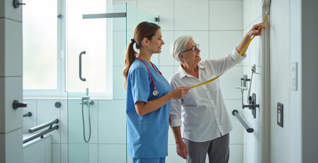 Ergothérapeute évaluant l'accessibilité d'une salle de bain avec une personne âgée pour adapter le logement
