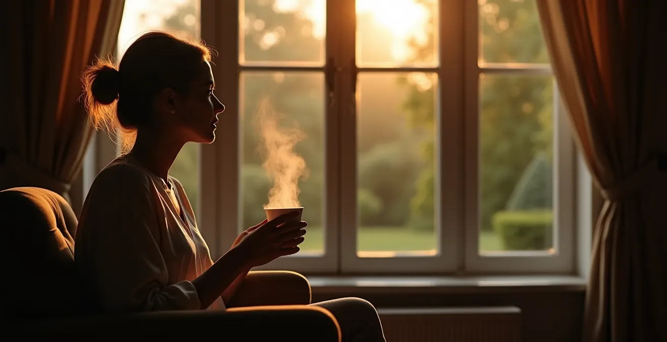 Personne assise dans un fauteuil confortable près d'une fenêtre, moment de calme et de repos