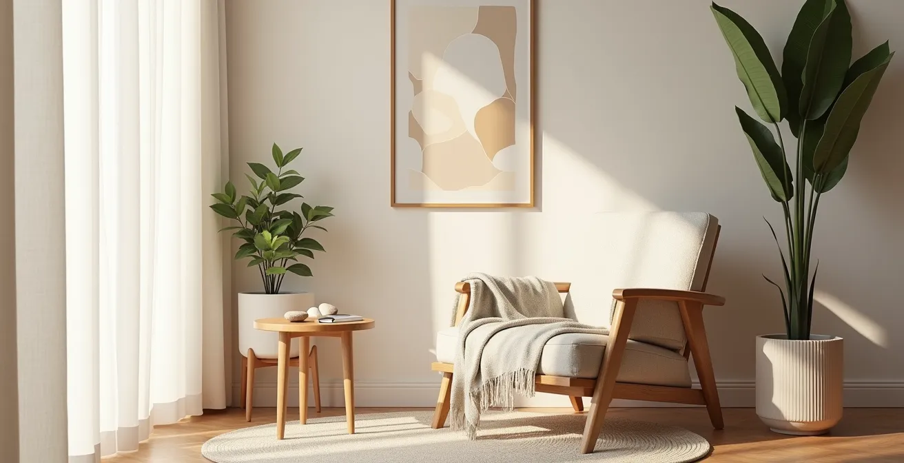 Coin de détente épuré avec lumière douce et éléments naturels apaisants