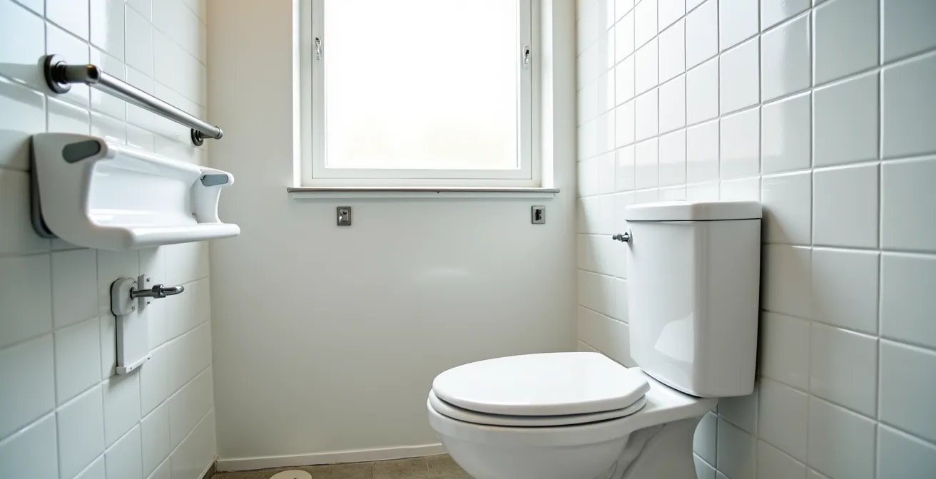 Salle de bain adaptée avec barres d'appui et siège de douche pour personne âgée