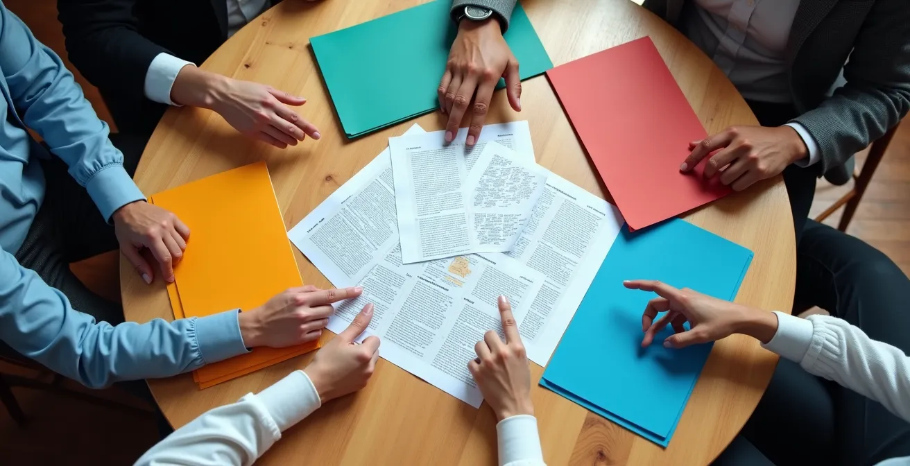 Réunion de commission médico-sociale avec plusieurs professionnels autour d'une table examinant des dossiers