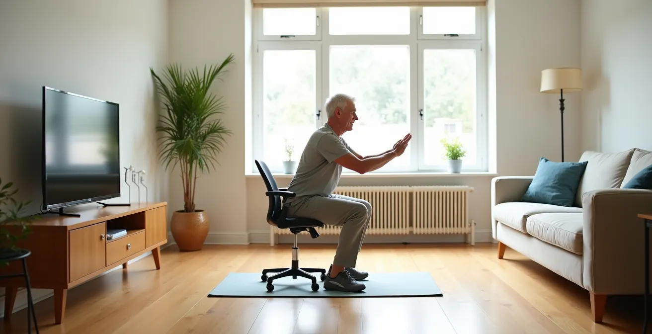 Senior effectuant un squat avec support de chaise dans son salon, démontrant la technique correcte