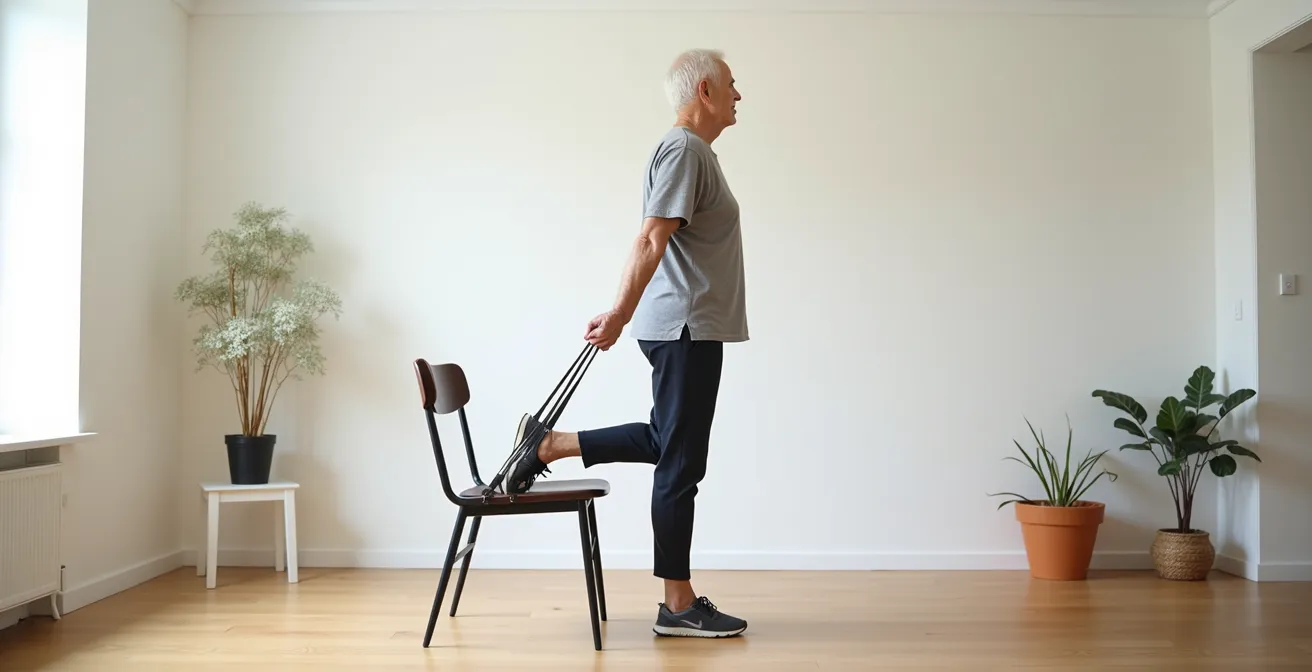 Senior pratiquant des exercices d'équilibre avec des bandes élastiques dans son salon