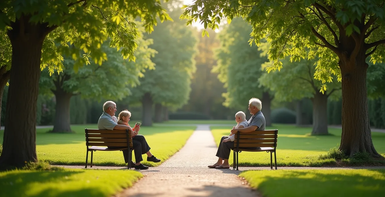 Vue large d'une famille réunie dans un jardin, symbolisant le soutien intergénérationnel