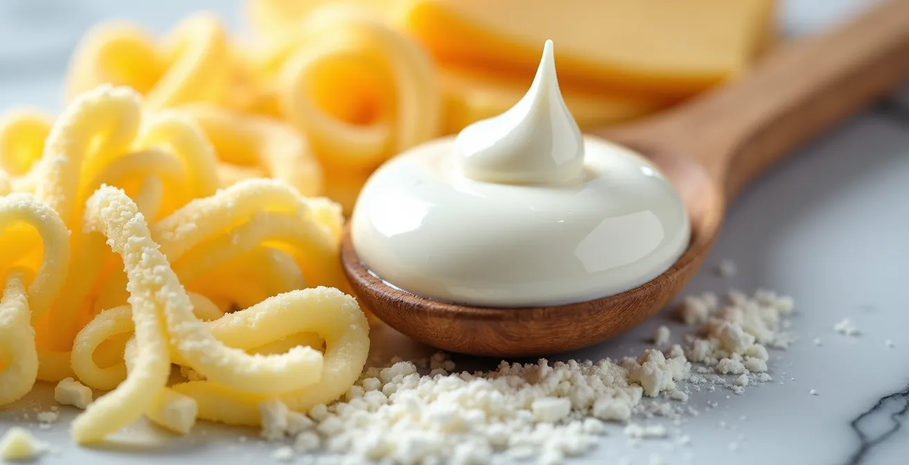 Vue macro d'ingrédients riches pour enrichir l'alimentation : crème, beurre, fromage râpé, poudre de lait