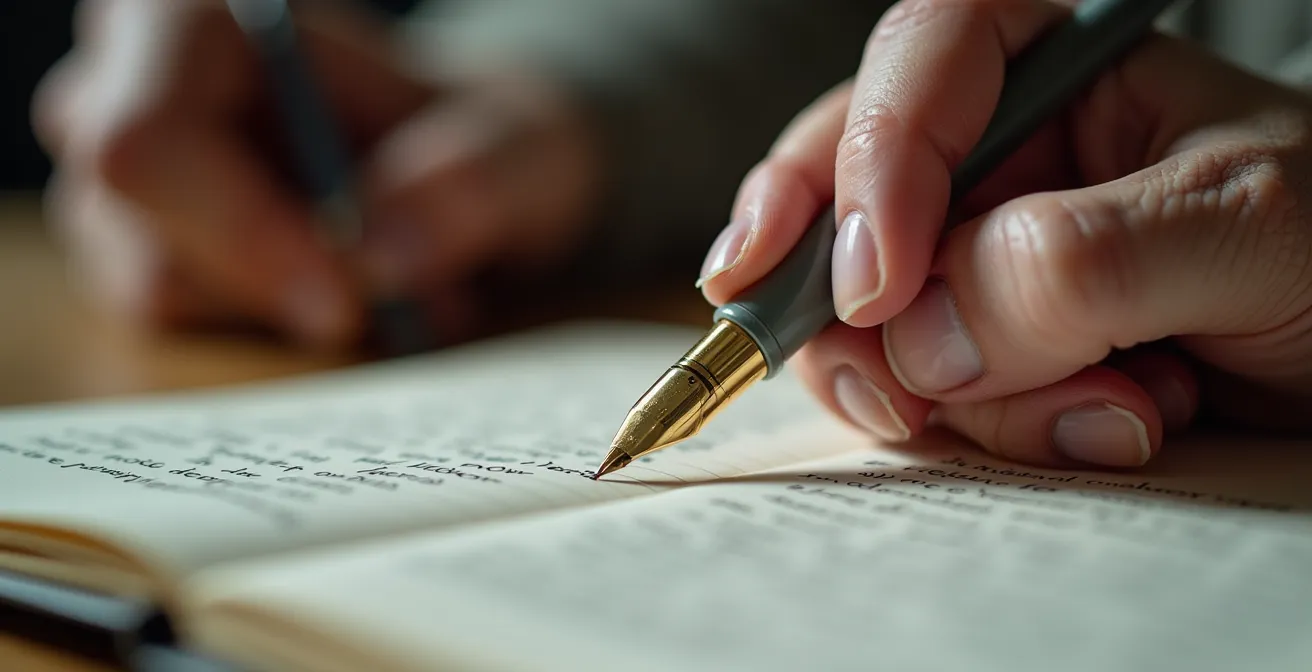 Mains d'une personne âgée tenant un carnet de notes avec un stylo, documentant les difficultés quotidiennes