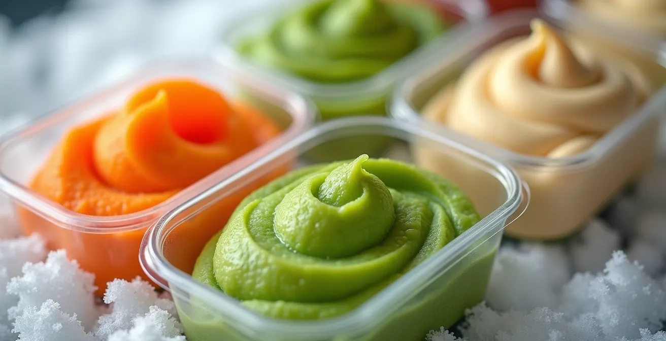 Gros plan sur des barquettes de repas mixés colorés, montrant des textures douces et appétissantes.