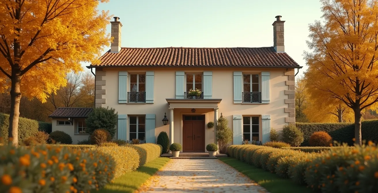 Vue extérieure d'une maison traditionnelle française avec jardin fleuri en automne, représentant le patrimoine immobilier des séniors