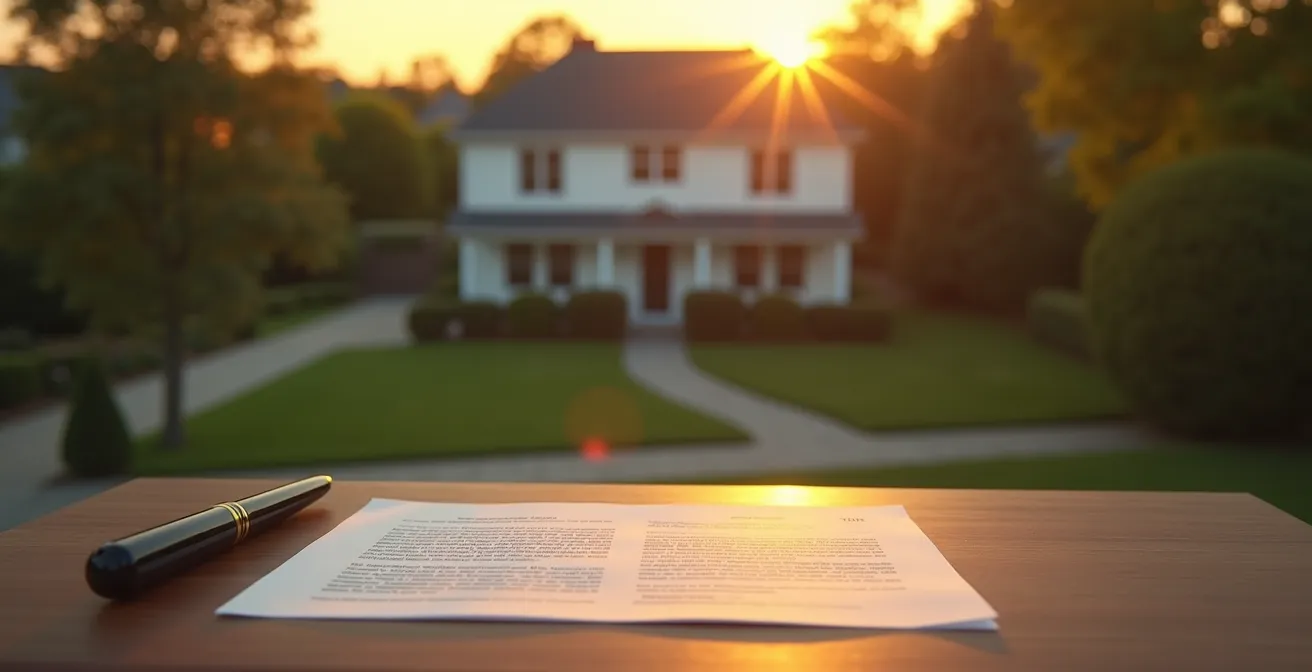 Vue aérienne d'une maison individuelle avec jardin et documents flous sur une table de notaire