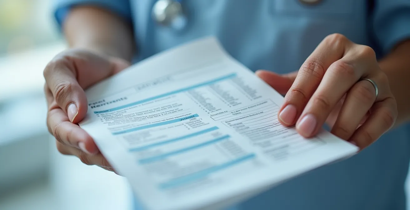Gros plan sur une main tenant une ordonnance médicale avec deux zones distinctes séparées visuellement