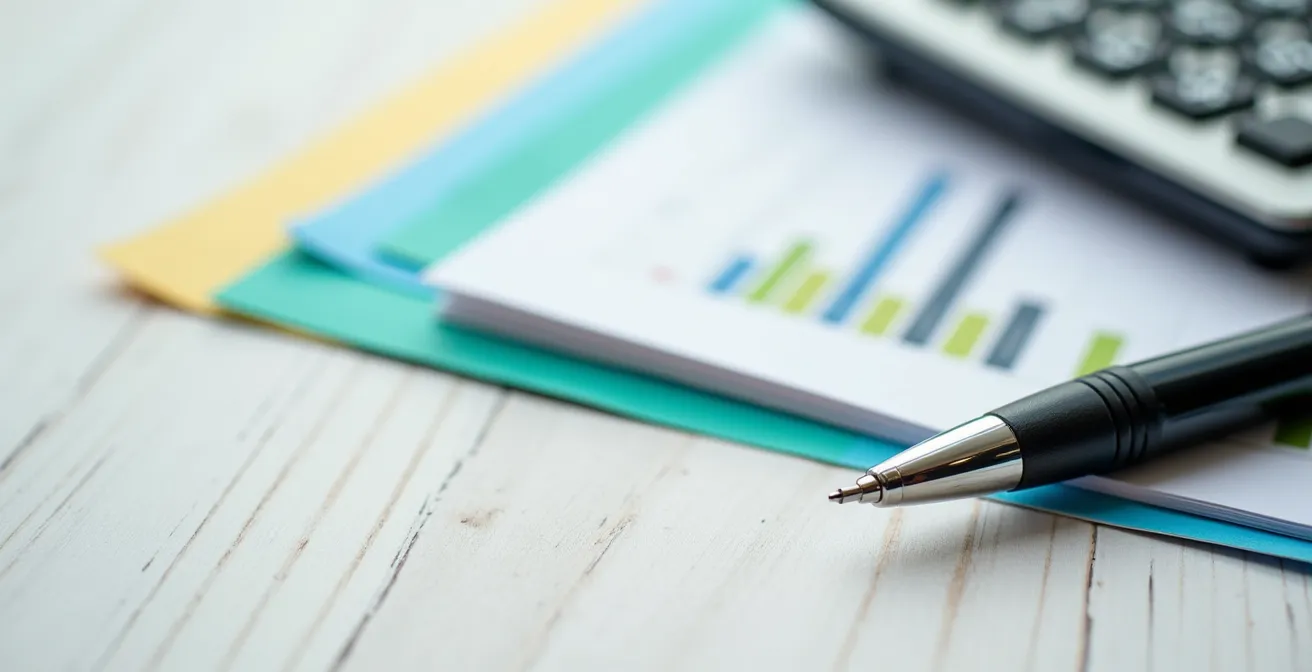Vue macro de documents financiers organisés montrant différentes sources de financement, calculatrice et stylo, composition structurée