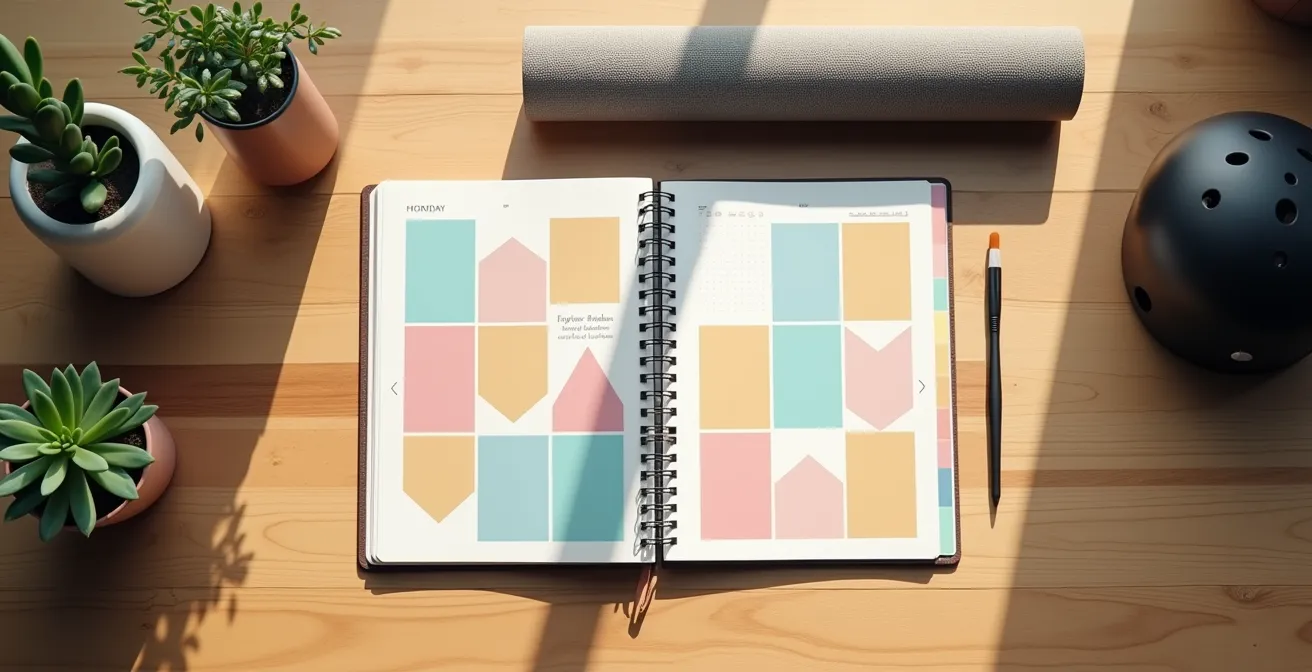Vue aérienne minimaliste d'un agenda ouvert avec des blocs colorés représentant différentes activités