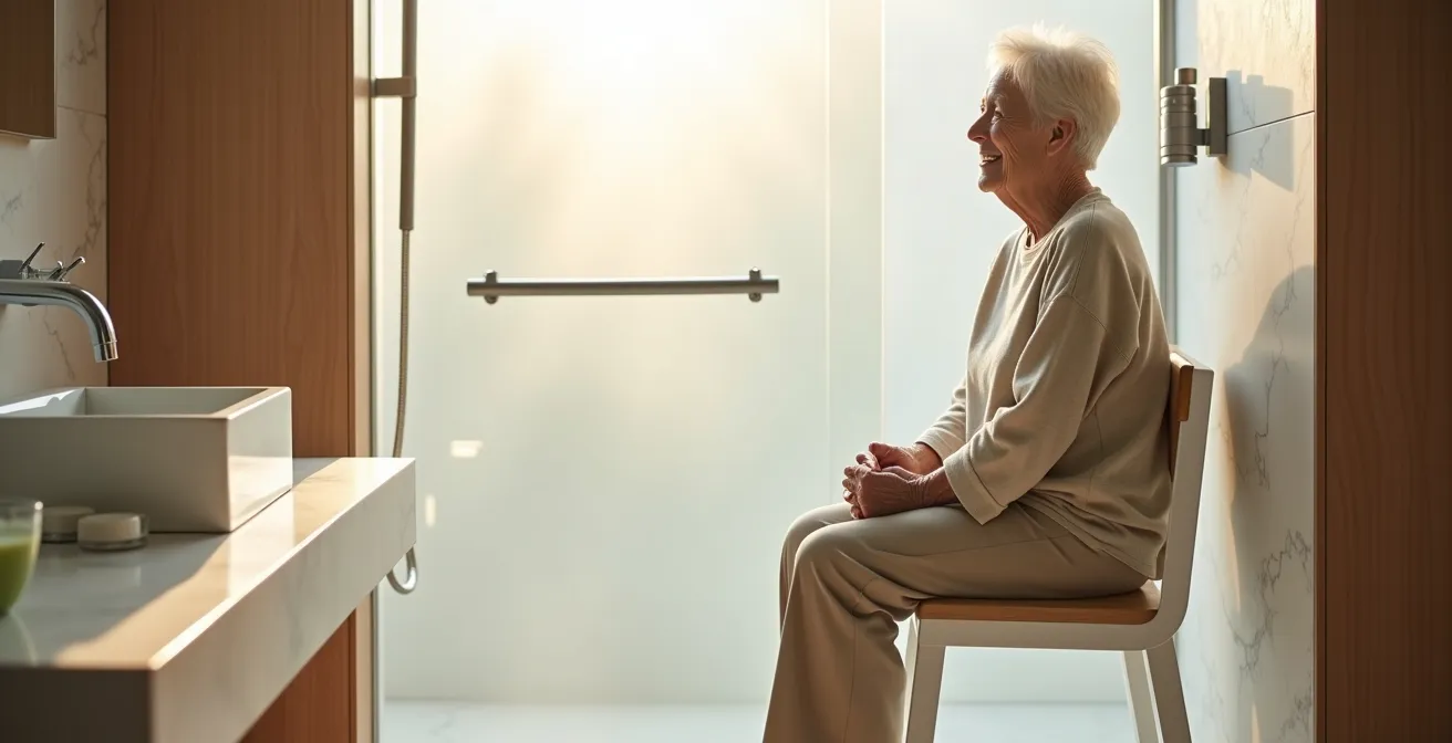 Salle de bain moderne avec siège de douche et barres d'appui intégrées harmonieusement