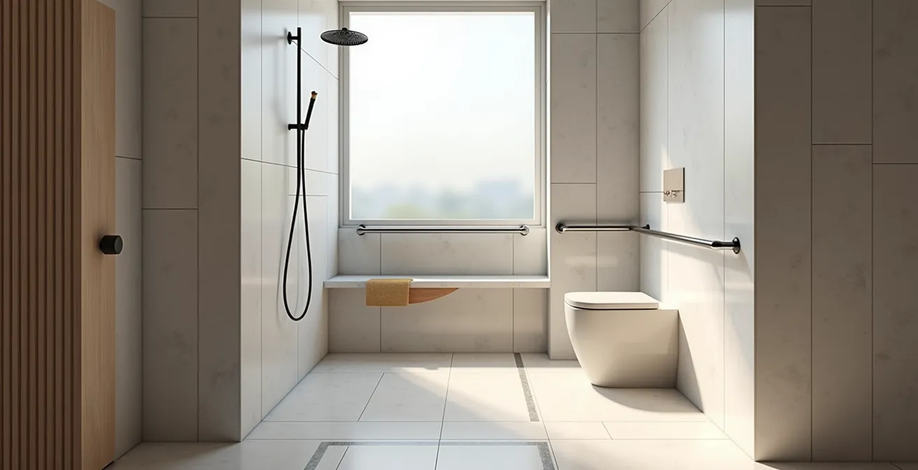 Salle de bain adaptée avec douche à l'italienne et équipements de sécurité design
